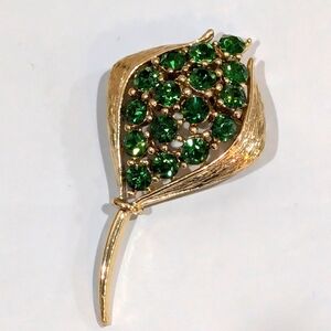 Vintage Rhinestone Brooch, Gold Tone Flowerbud with Green Stones